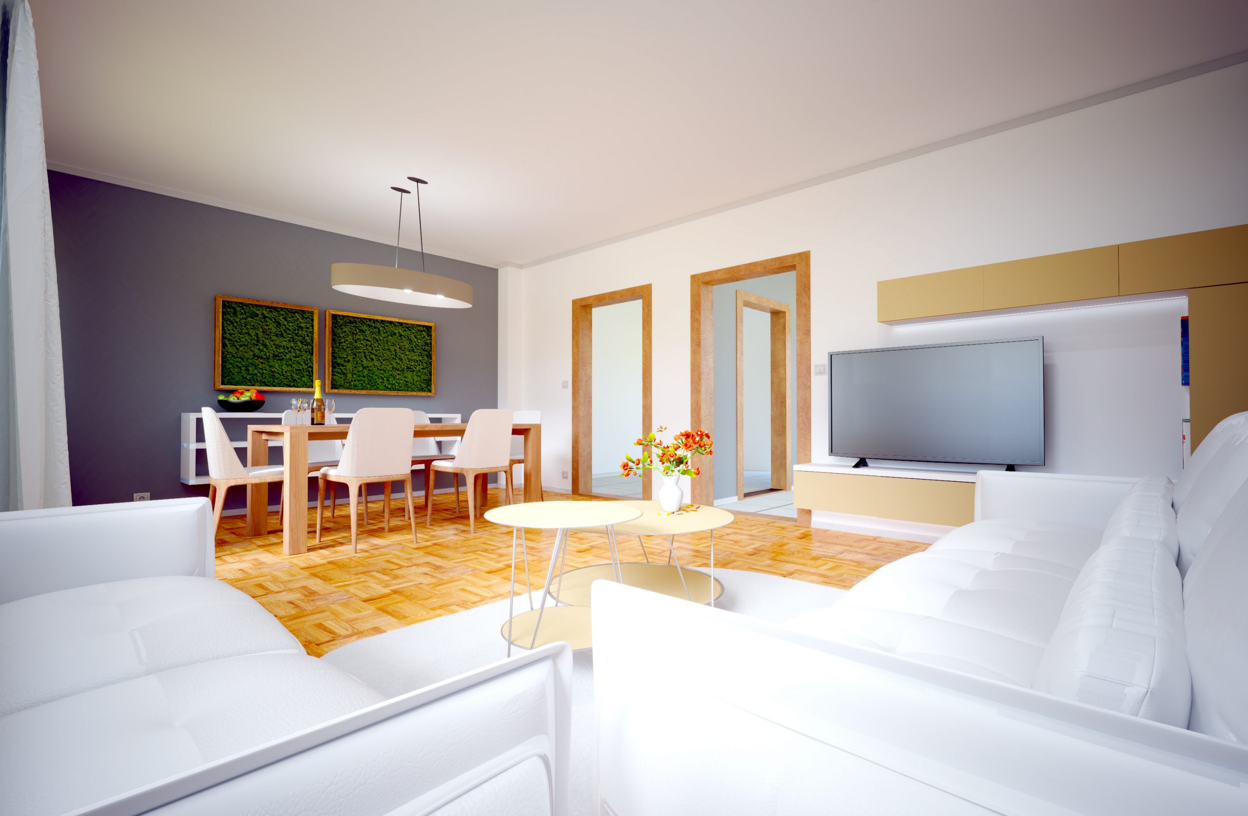 Návrh interiéru obývacej izby s jedálňou (White/Gray)