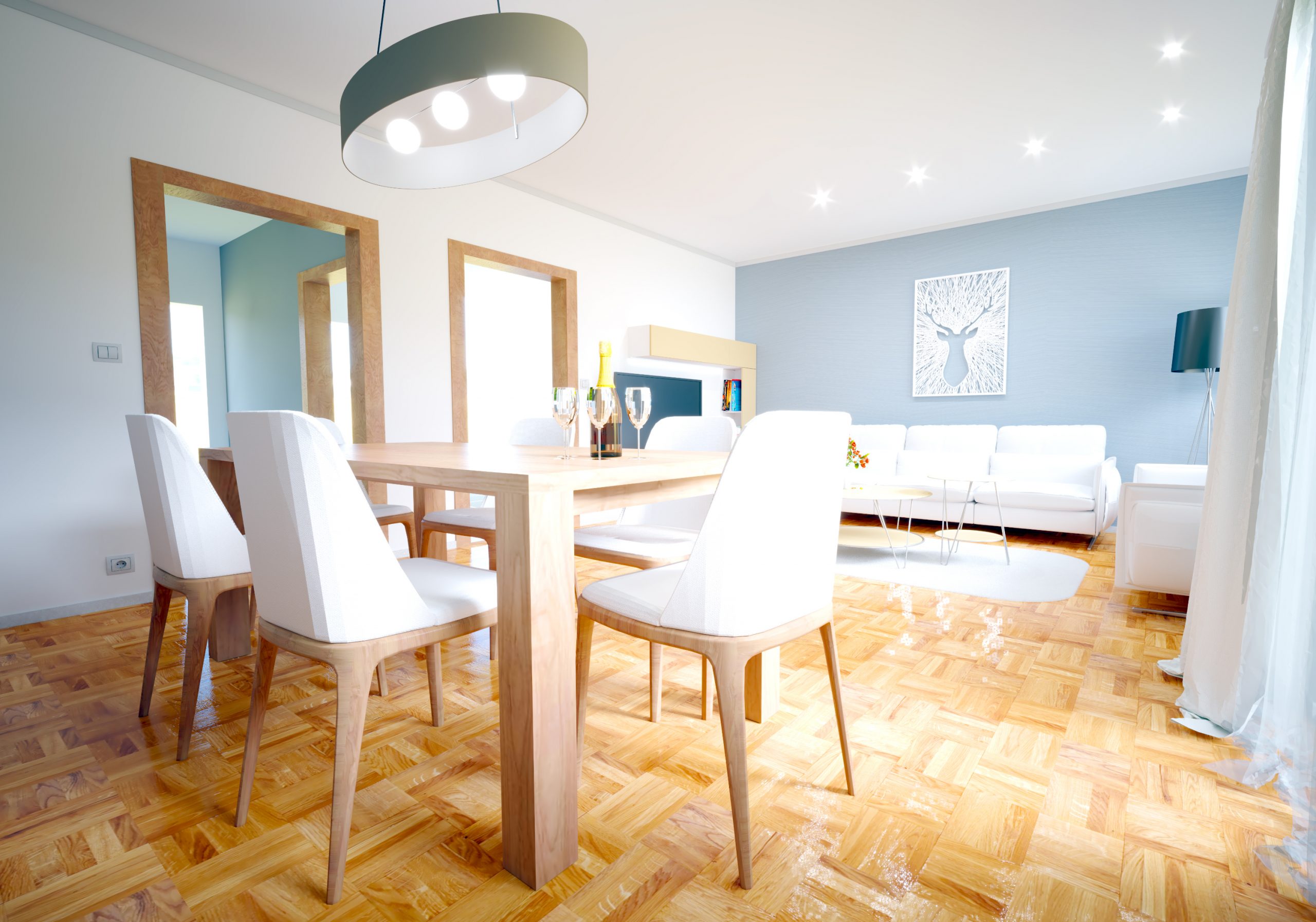 Návrh interiéru obývacej izby s jedálňou (White/Gray)