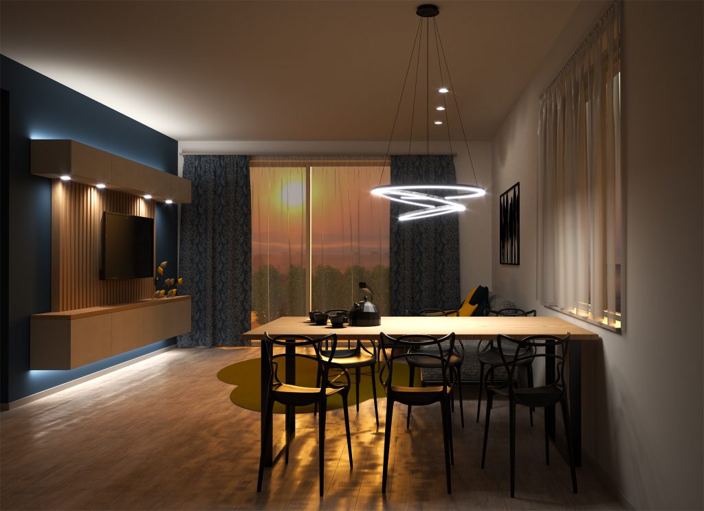 Návrh interiéru obývacej izby s jedálňou (White/Blue)